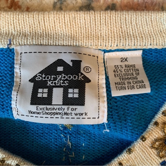 Storybook Knits Ramie & Cotton Blue White Beaded Jeweled Button Down Cardigan 2X - Picture 3 of 9